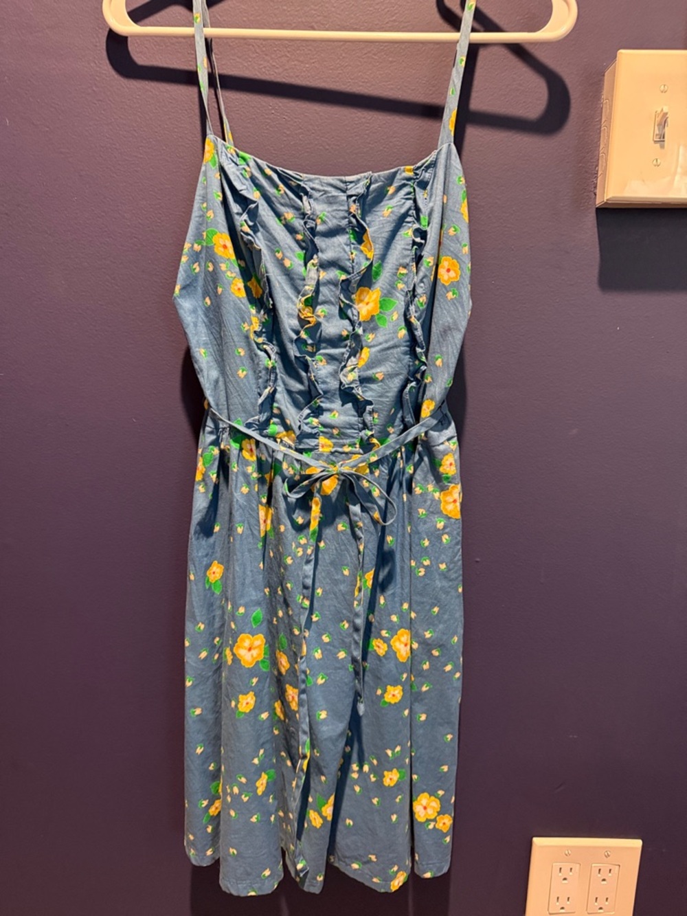Vintage Blue Floral cotton Sundress with Yellow Blossoms